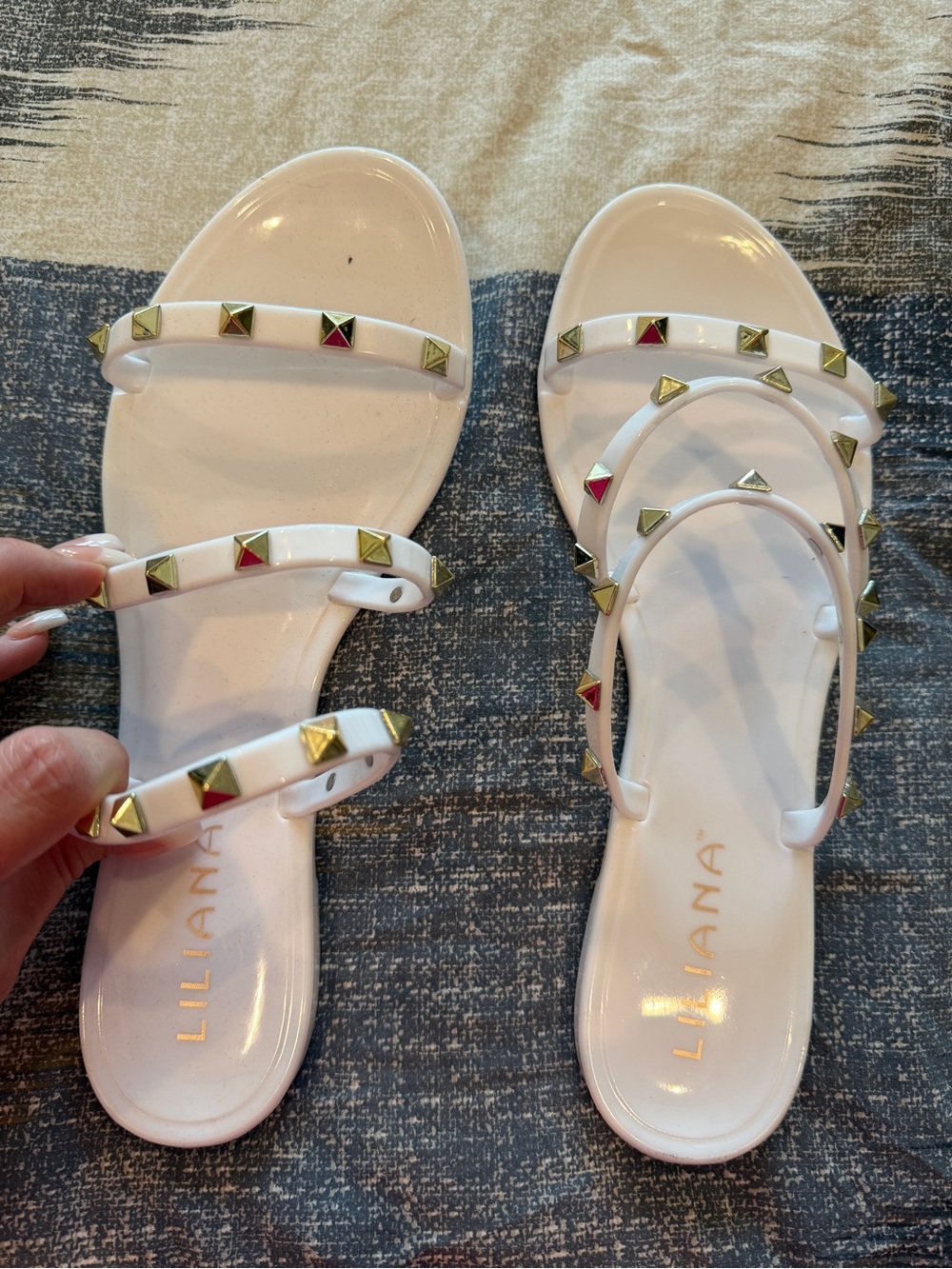Liliana White Pyramid-Stud Triple-Strap jelly Sandals
